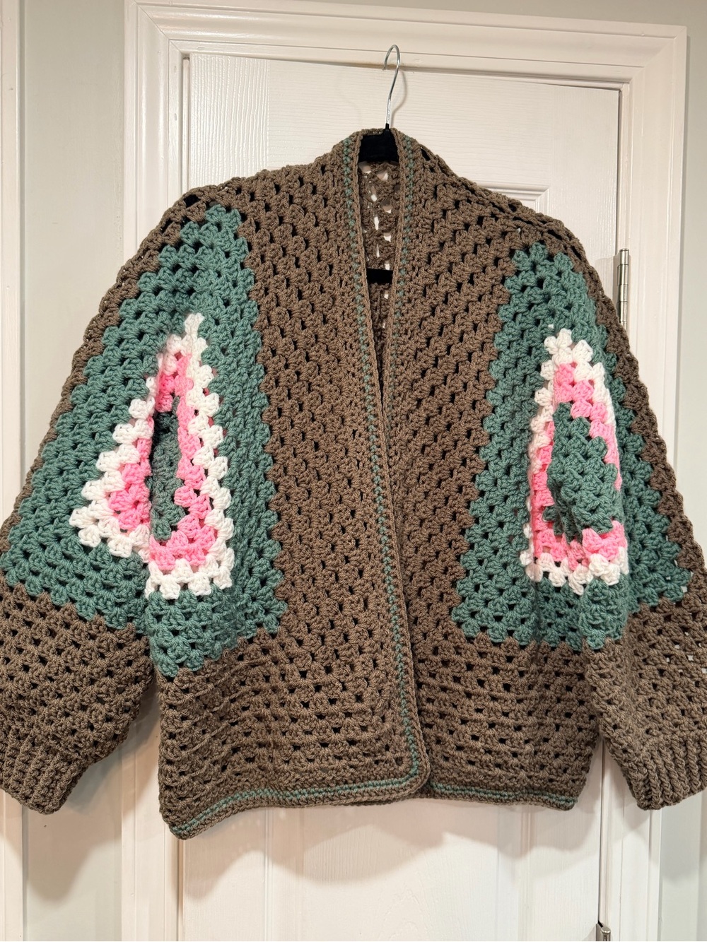Handmade Crochet Granny Square One Size Cozy Cardigan Boho Chunky Knit Sweater